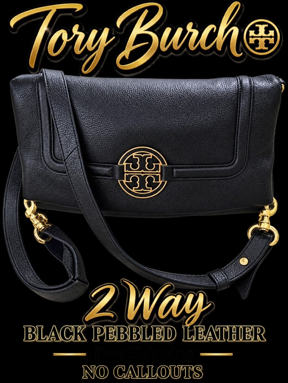 Tory Burch 2 Way Black Pebbled Leather Foldover Crossbody with Gold Logo & COA
